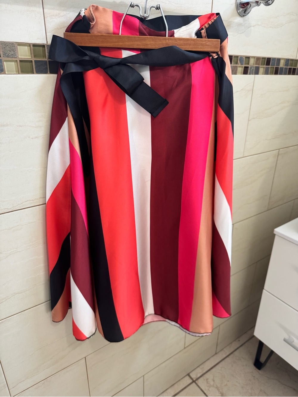 Italian Striped Tie-Waist Midi Skirt in Red, Pink, Black